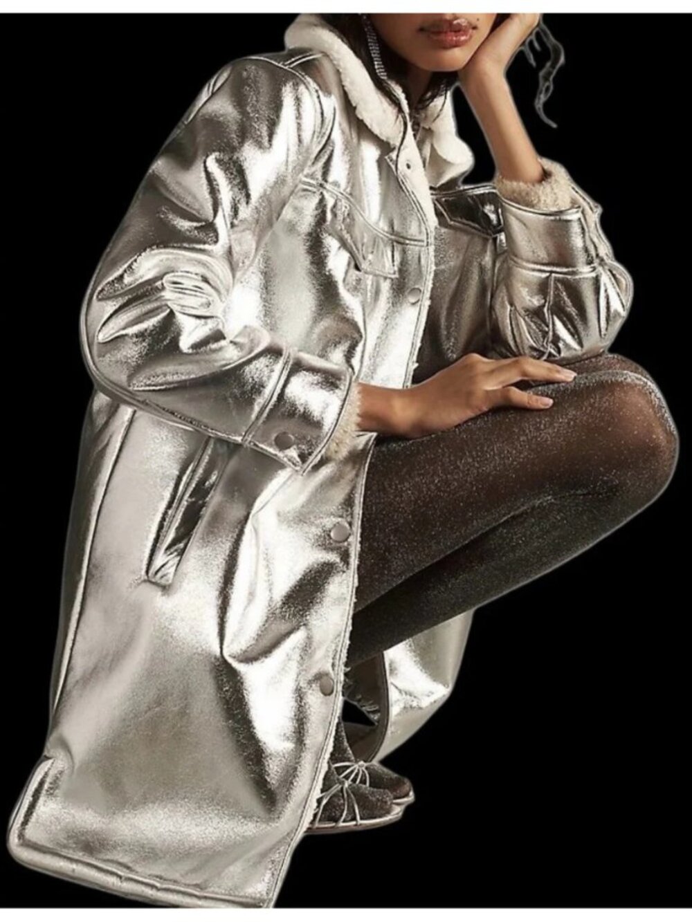 NWT 7 For All Mankind Women's Metallic Silver Faux Leather Sherpa Coat Sz Small